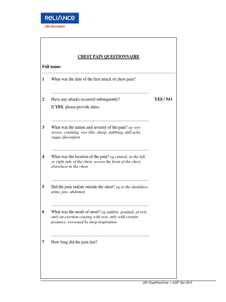 Chest Pain Questionnaire (Medical) PDF