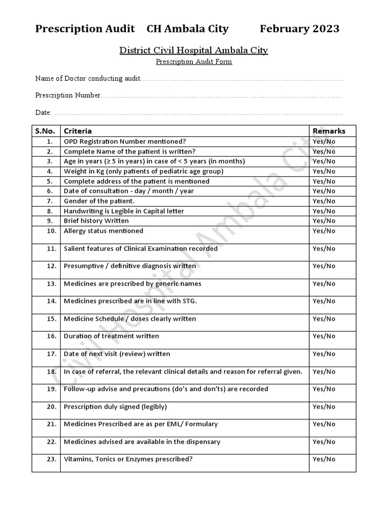 Prescription Audit Checklist Template | PDF | Medical Prescription ...