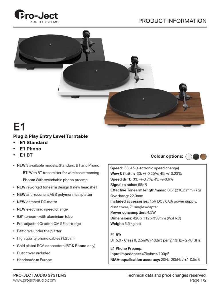 Pro-Ject E1 Turntable Specifications | PDF | Electronics | Electrical ...