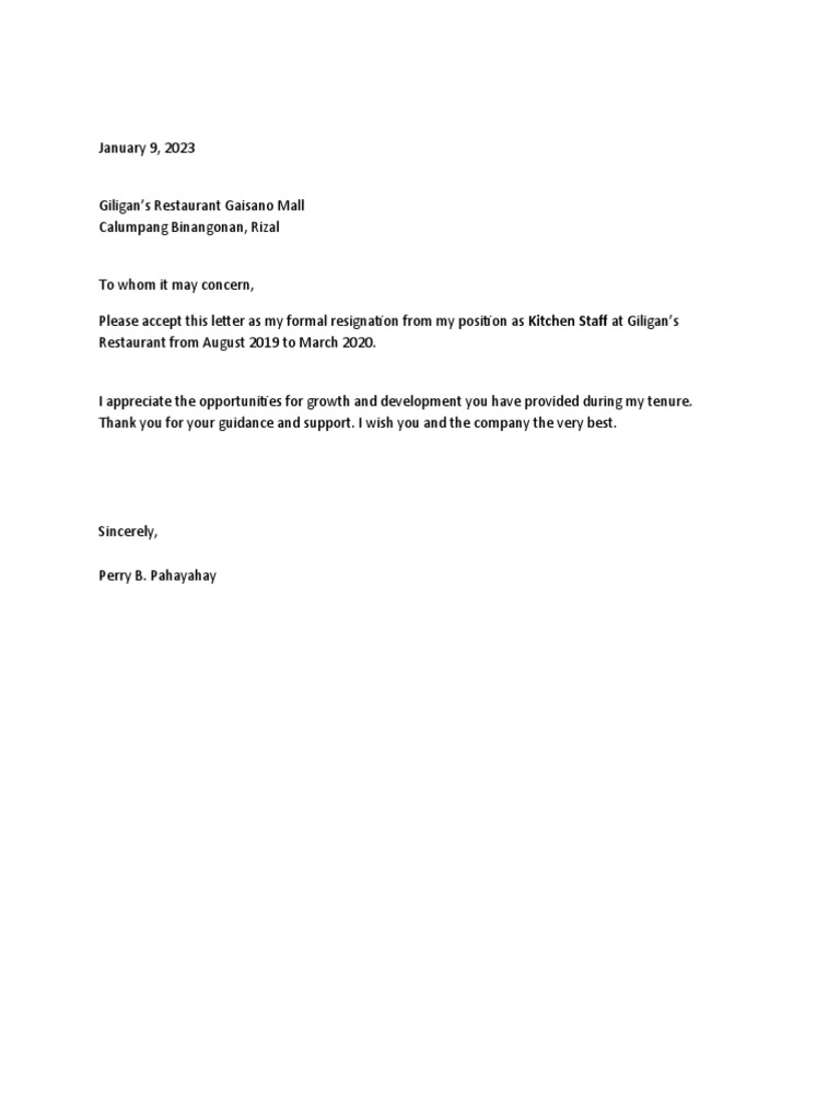 Kitchen Staff Resignation Letter PDF