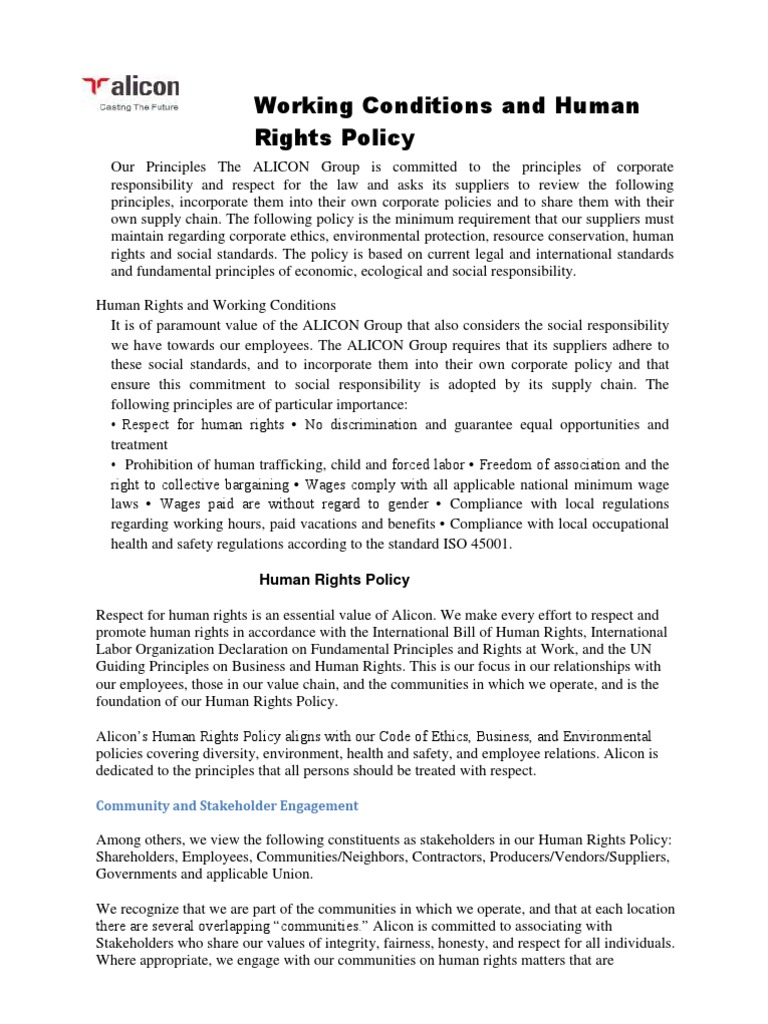 Human Rights and Working Conditions Policy | PDF | Employment ...
