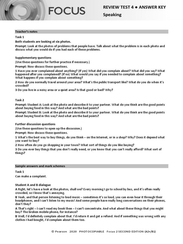 Focus2 2E Review Test 4 Units1 8 Speaking GroupA B ANSWERS | PDF ...