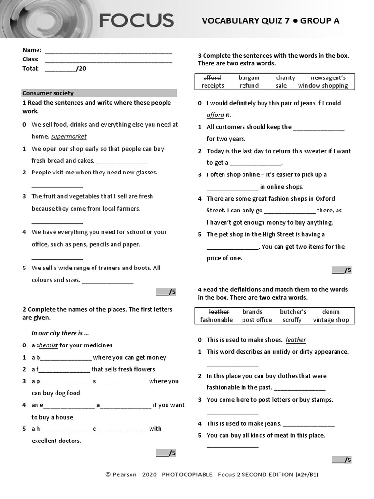 Focus2 2E Vocabulary Quiz Unit7 GroupA | PDF | Marketing | Retailing