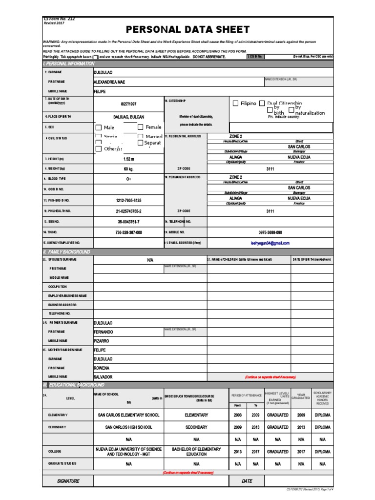 CS Form No. 212 Personal Data Sheet Revised PDF Teachers Government