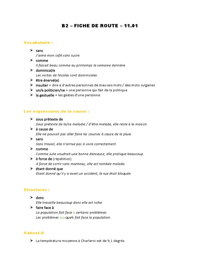 Fiche de route B2 - Vocabulaire et structures | PDF | Échecs