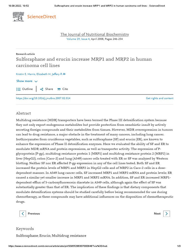Sulforaphane and Erucin Increase MRP1 and MRP2 in Human Carcinoma Cell