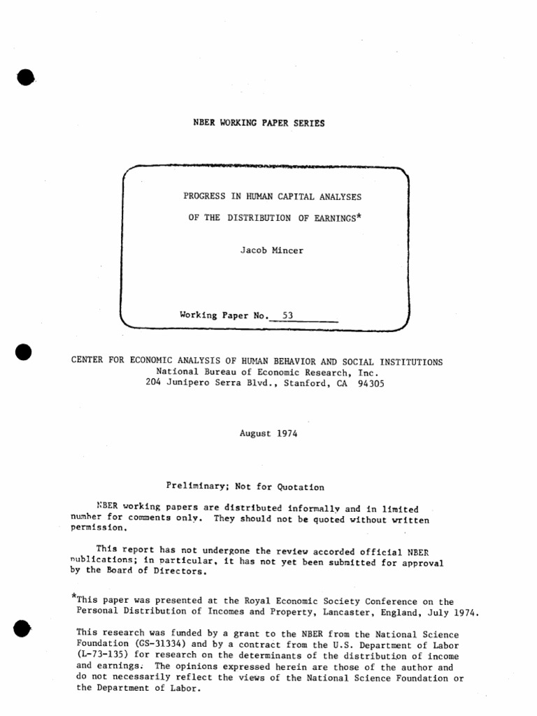 Mincer Human Capital 1974 PDF Labour Economics Cost Of Living