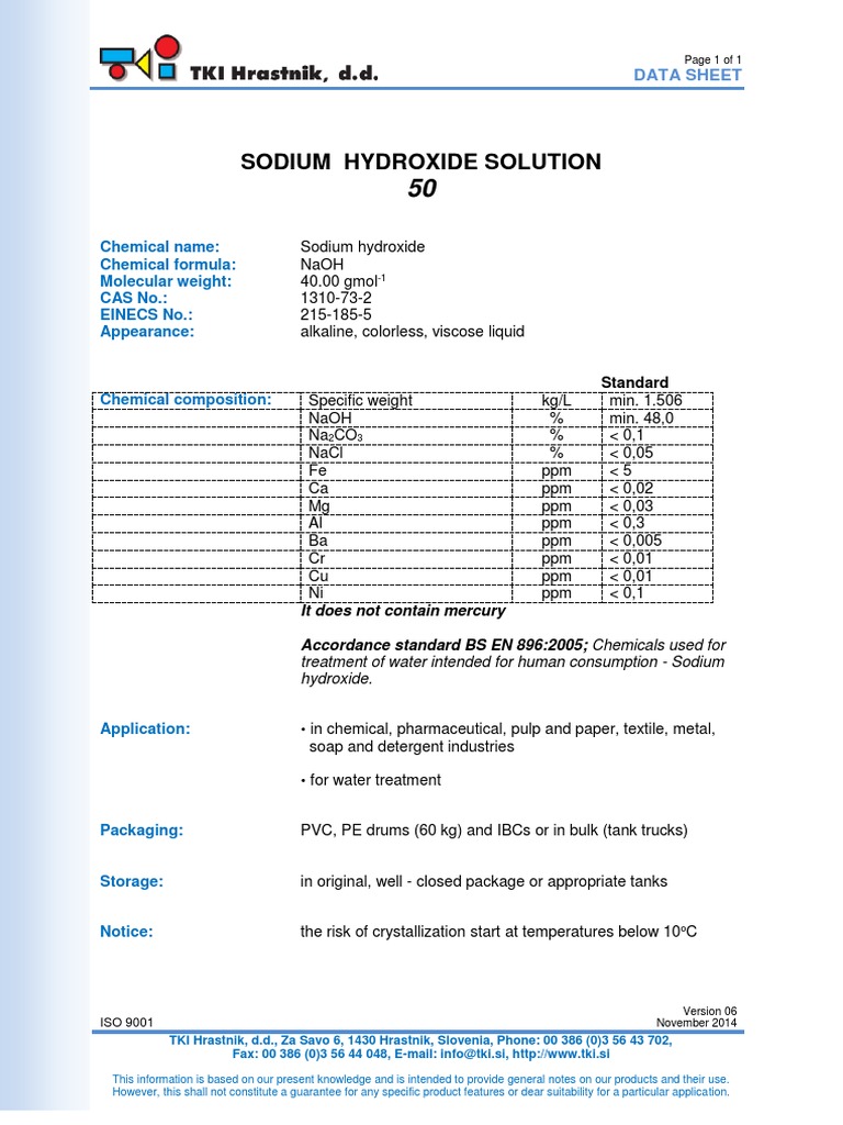 Sodium Hydroxide Solution Data | PDF | Sodium Hydroxide | Hydroxide