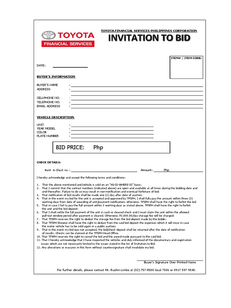 Toyota Financial Services Bid Agreement | PDF | Auction