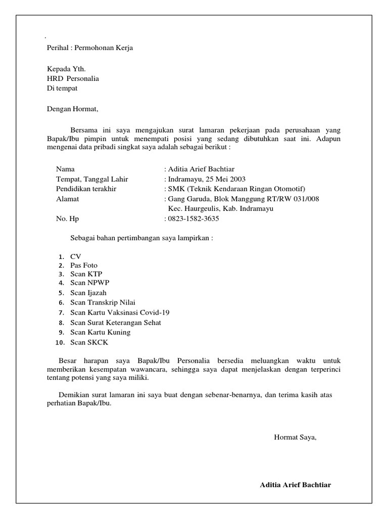 Lamaran Kerja Aditia Arief Bachtiar | PDF