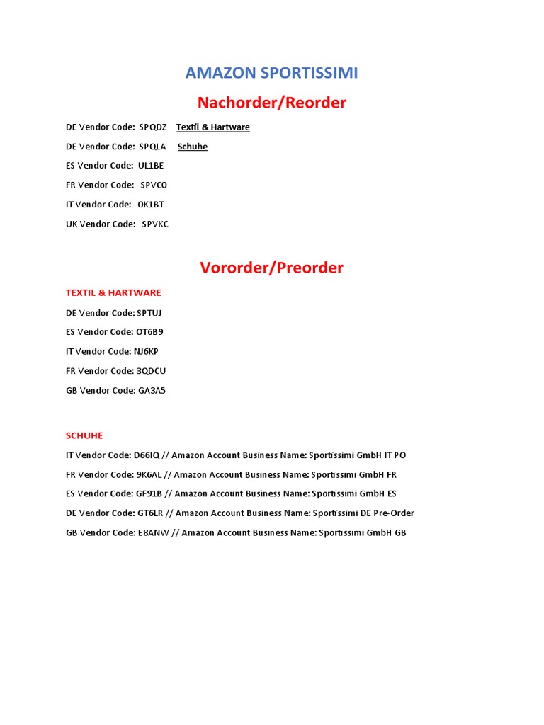 Amazon Sportissimi Vendor Codes | PDF