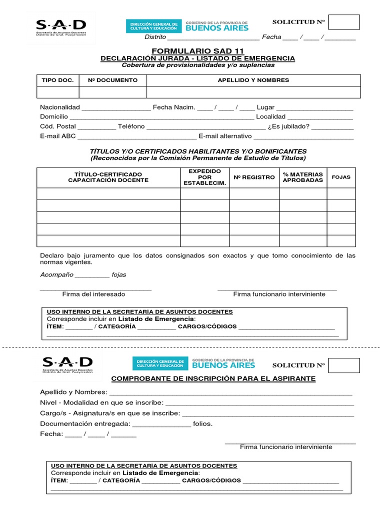 Form SAD 11 Declaracion Jurada EMERGENCIA | PDF