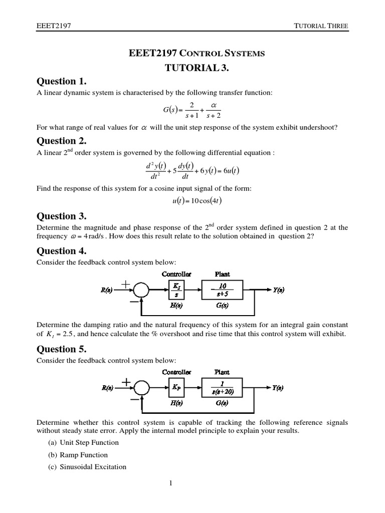 EEET2197 Control Systems Tutorial 3 | PDF | Control Theory | Electrical ...