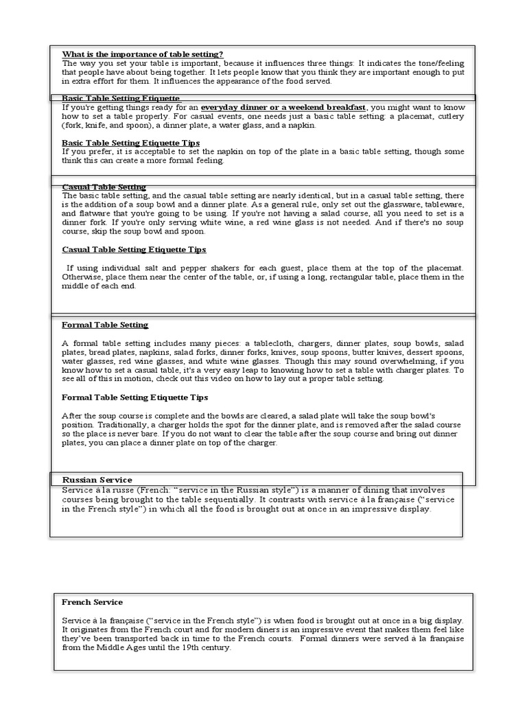 Essential Table Setting Etiquette Guide | PDF | Tableware | Menu