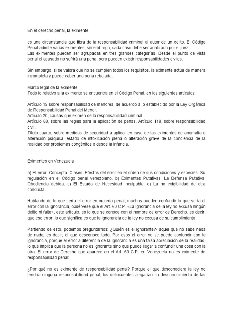 Eximentes de responsabilidad penal en Venezuela | PDF | Derecho penal ...