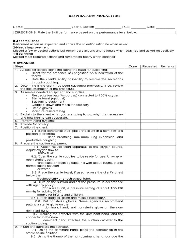 Suctioning and Tracheostomy Care Checklist 2021 PDF Medicine