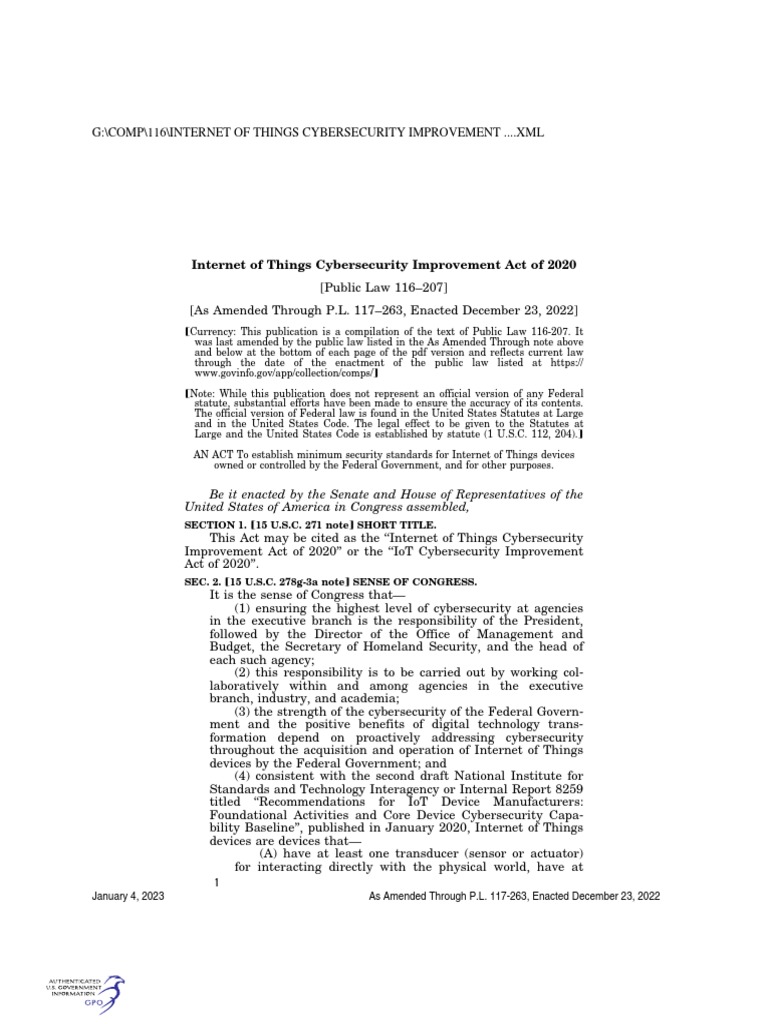 IoT Cybersecurity Improvement Act 2020 | PDF | United States Code ...
