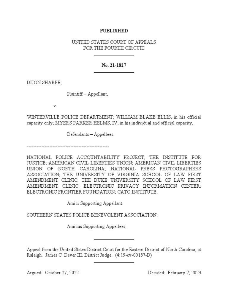 Sharpe v. Winterville PD (4th Circ.) | PDF | First Amendment To The