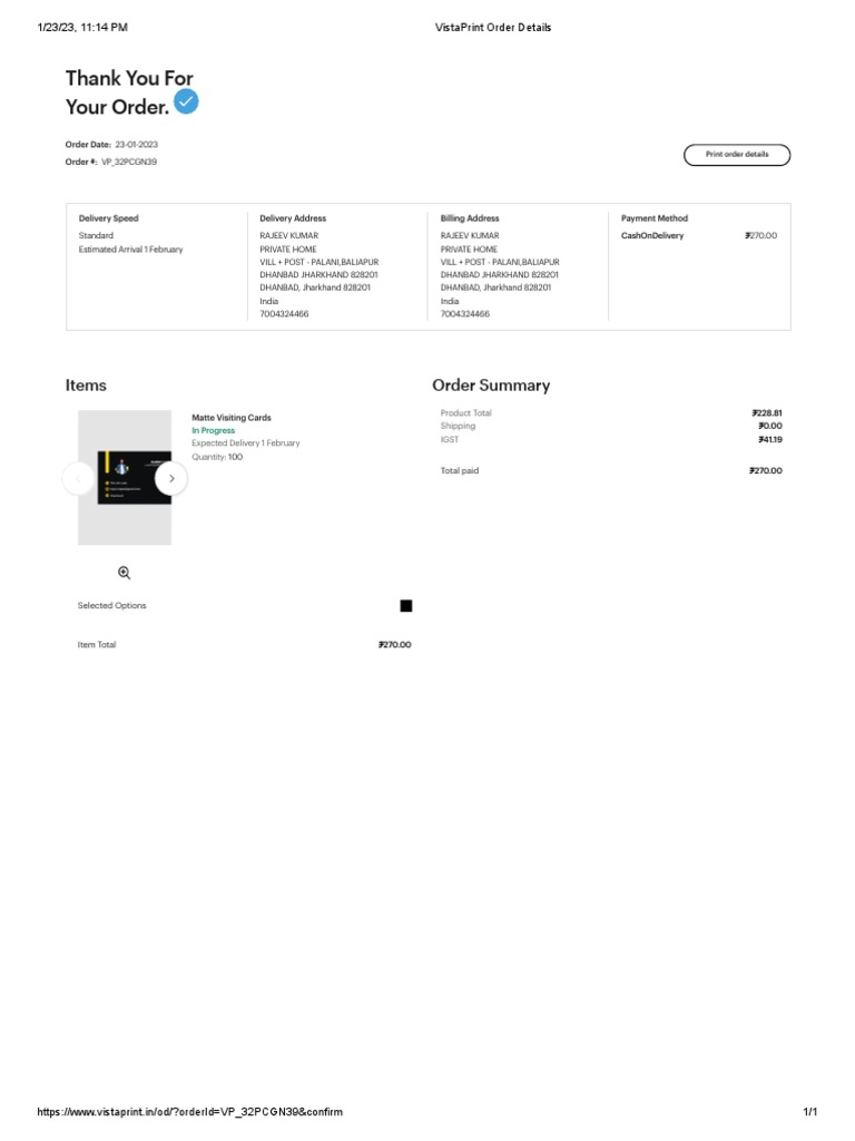VistaPrint Order Details PDF Service Industries Business