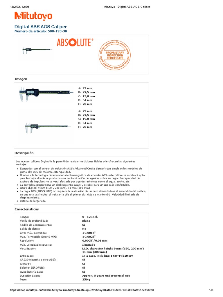 Calibrador Digital ABS AOS Mitutoyo | PDF | Bienes manufacturados