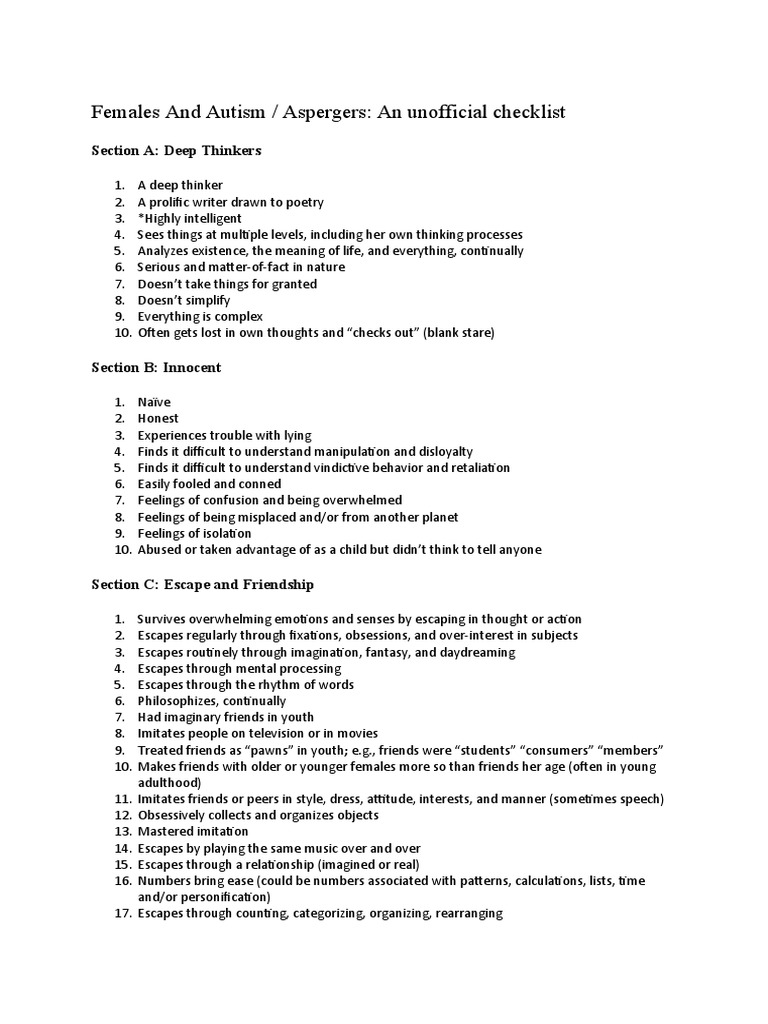 Females With Autism Or Aspergers: Unofficial Checklist | PDF ...