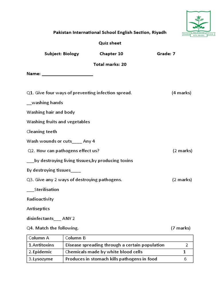 Pakistan International School English Section, Riyadh Quiz Sheet ...