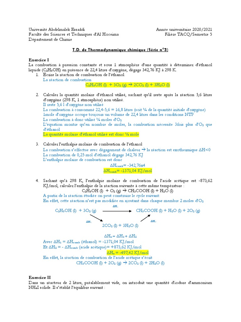 Enthalpie et masse molaire d'éthanol | PDF | Équilibre chimique | Enthalpie