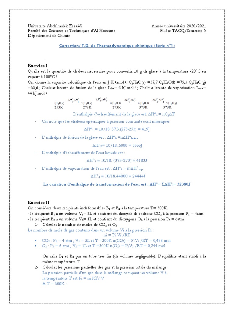 Correction T.D. Thermodynamique 2020/2021 | PDF | Sciences et mathématiques