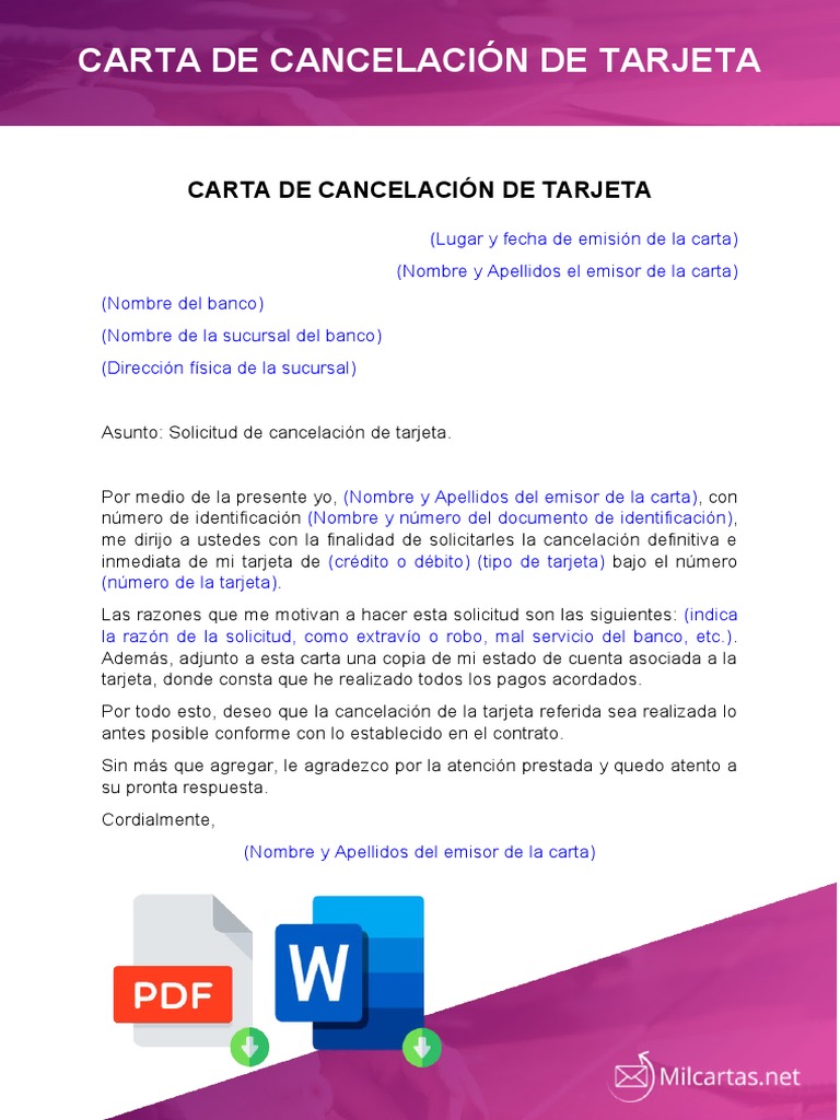 Carta de cancelacion de tarjeta pdf