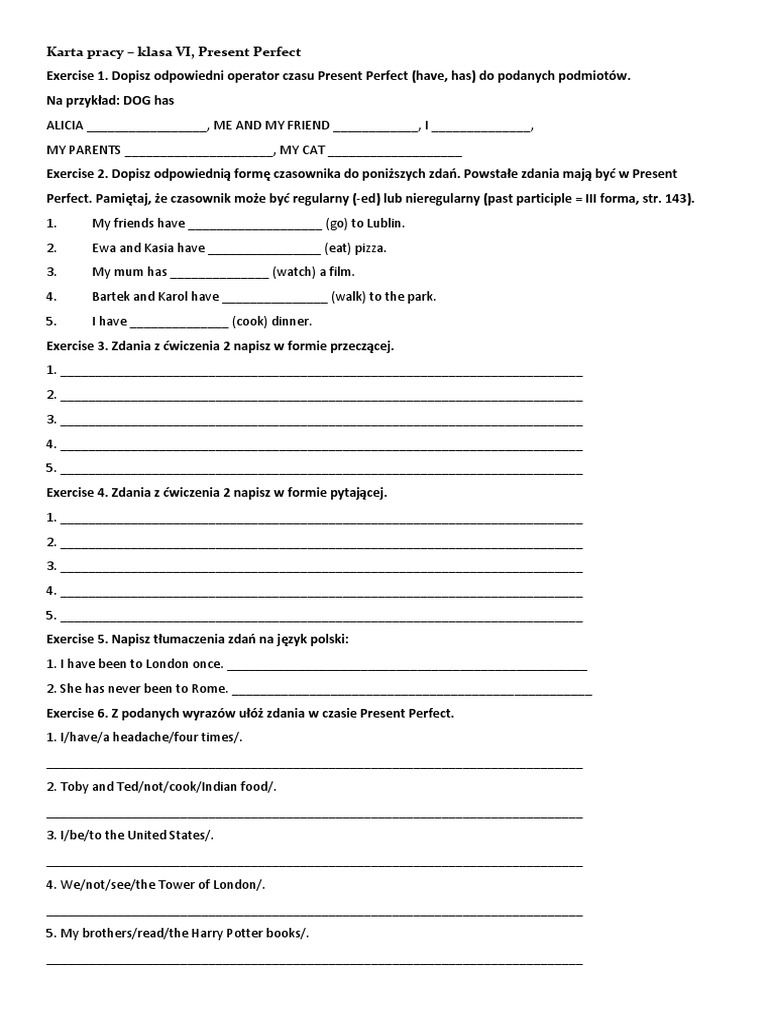 Karta Pracy Język Angielski Present Perfect PDF