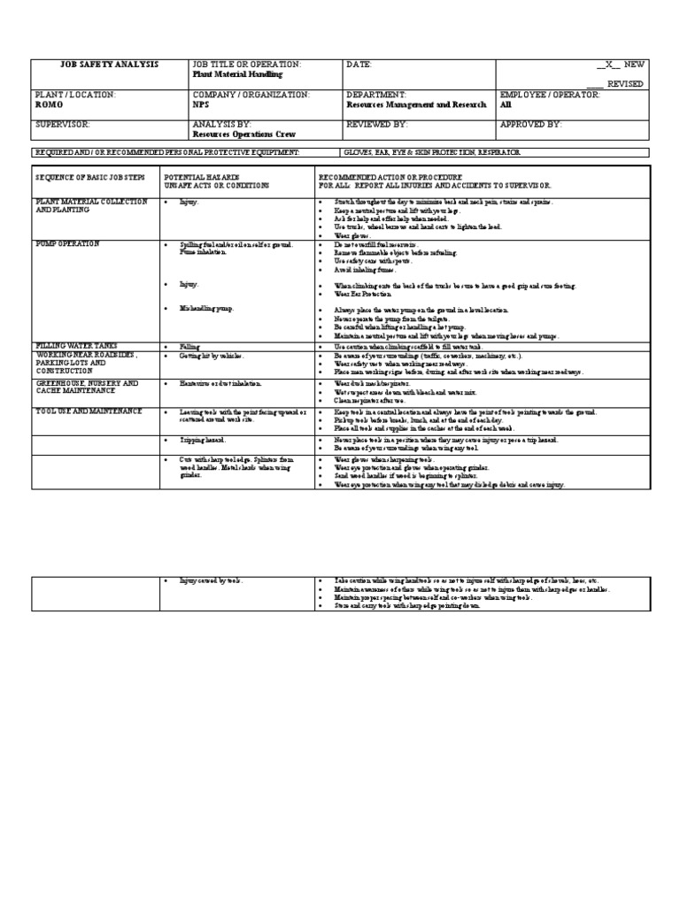 JHA Plant Material Handling ROMO PDF Occupational Safety And
