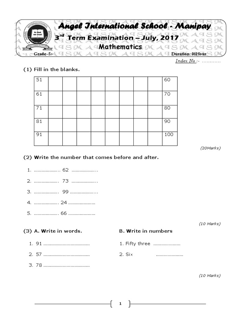 Grade 5 Mathematics Exam Paper | PDF | Mathematics | Science
