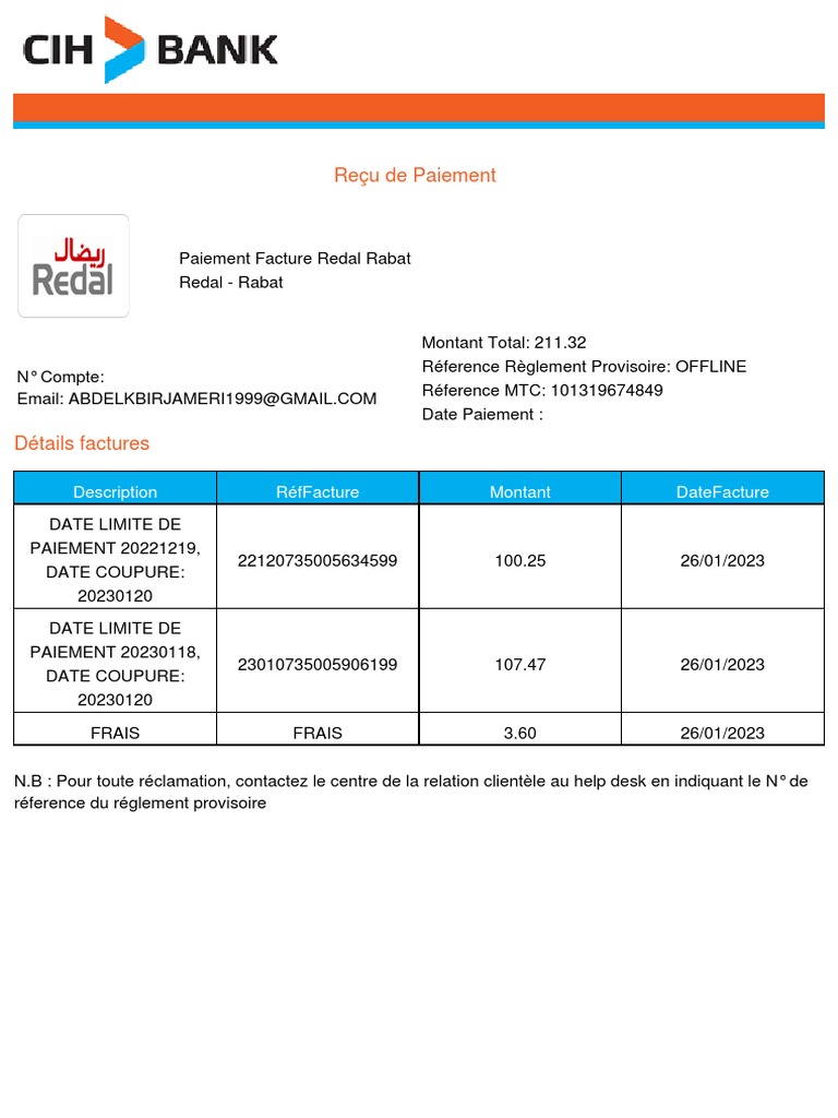 Facture Redal Rabat : Détails et Paiement | PDF