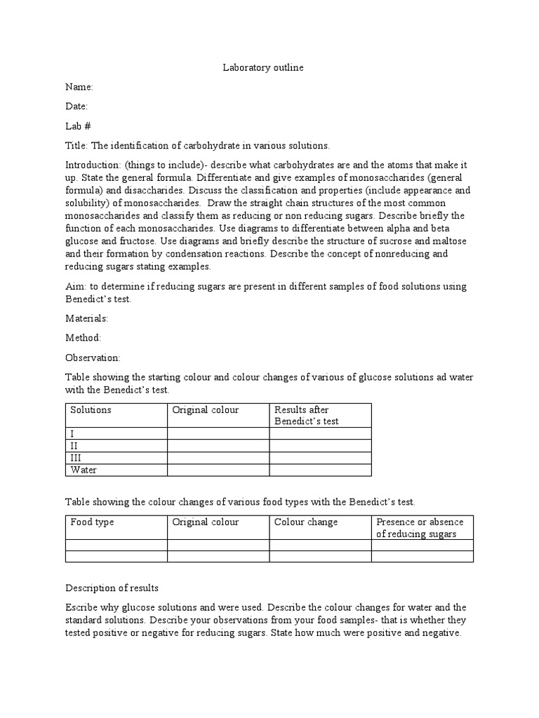 Reducing Sugar Lab Outline1 PDF Sugar Diet & Nutrition