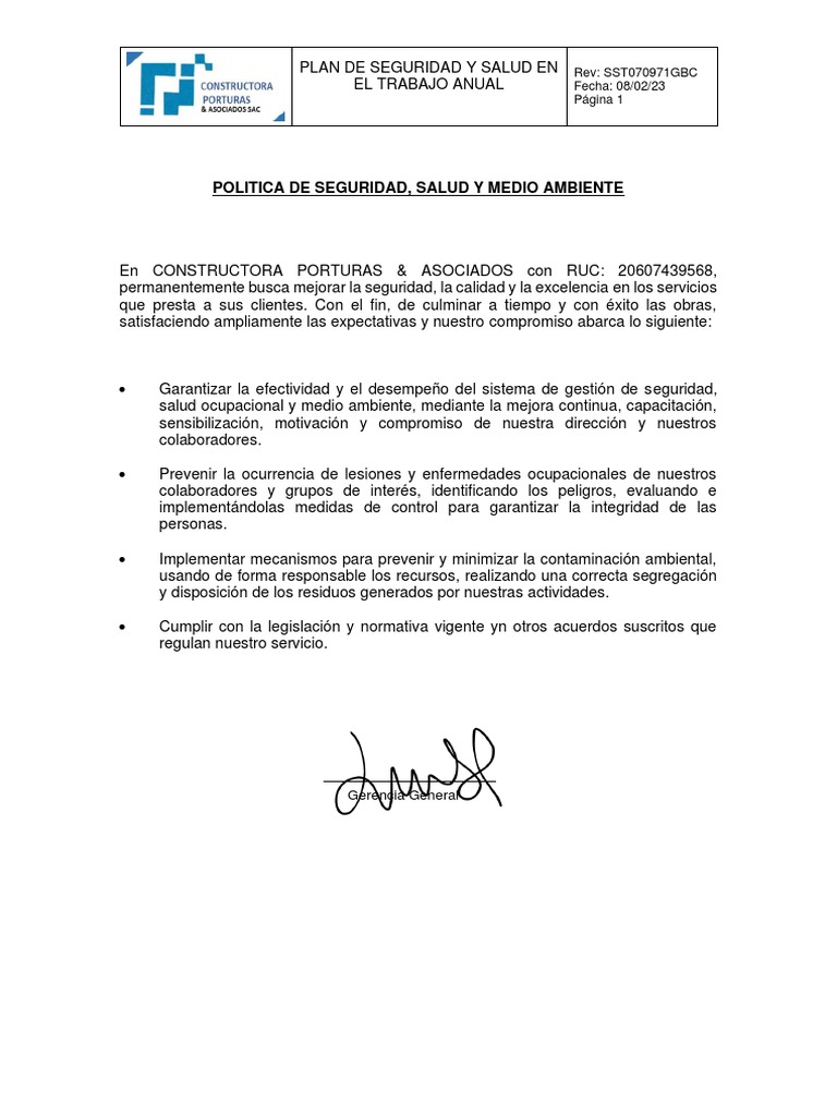 Plan Anual de Seguridad y Salud Laboral | PDF