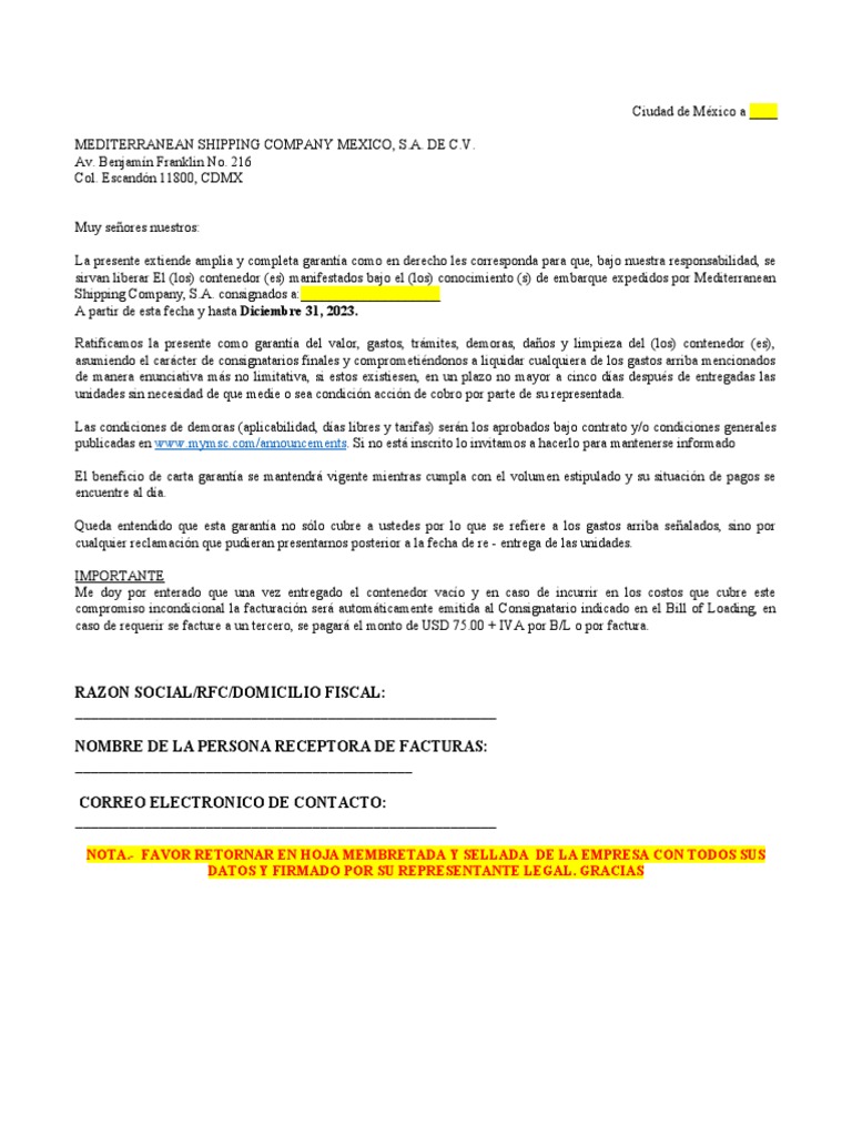 Msc cartas garantia renovacion pdf
