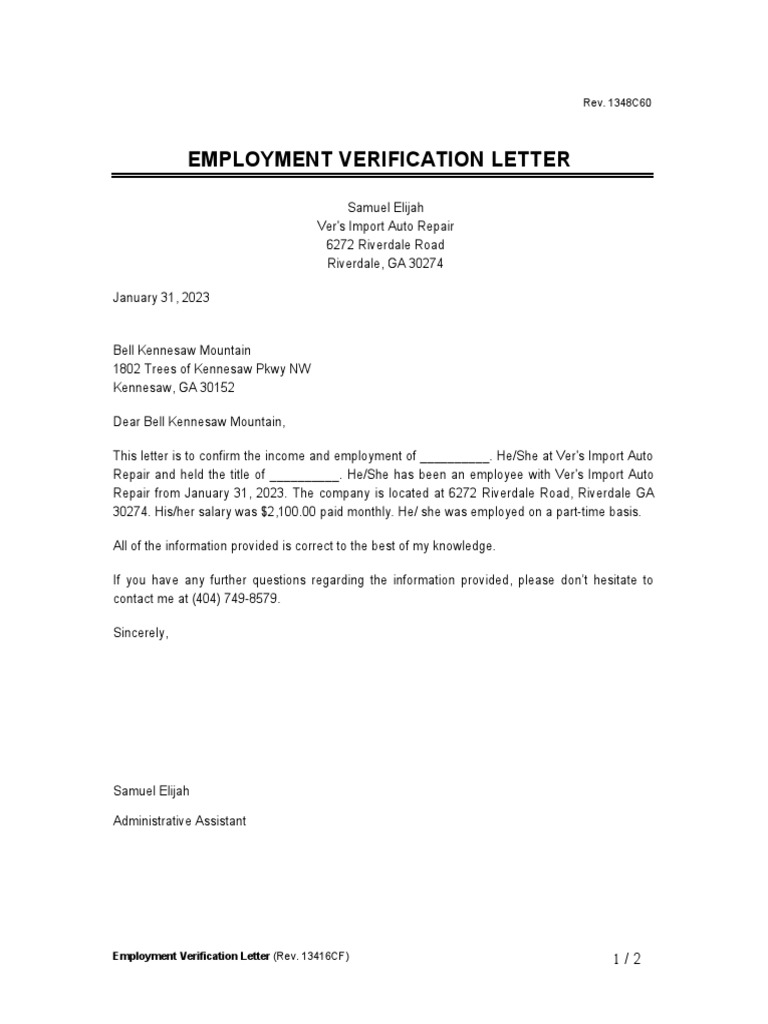 Verification of Part-Time Employment and Salary for Auto Repair ...