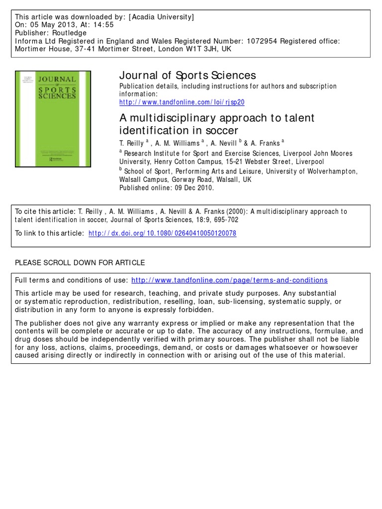 A Multidisciplinary Approach To Talent Identification in Soccer | PDF ...