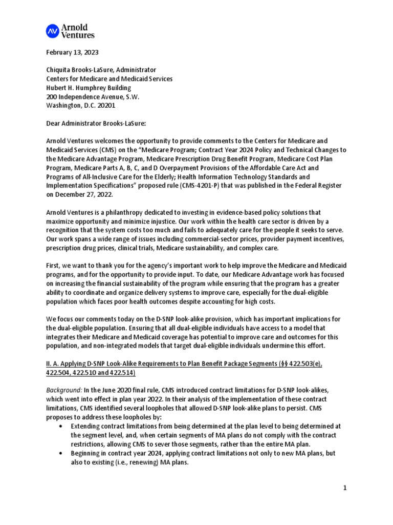 Arnold ventures letter to cms on efforts to improve medicare advantage