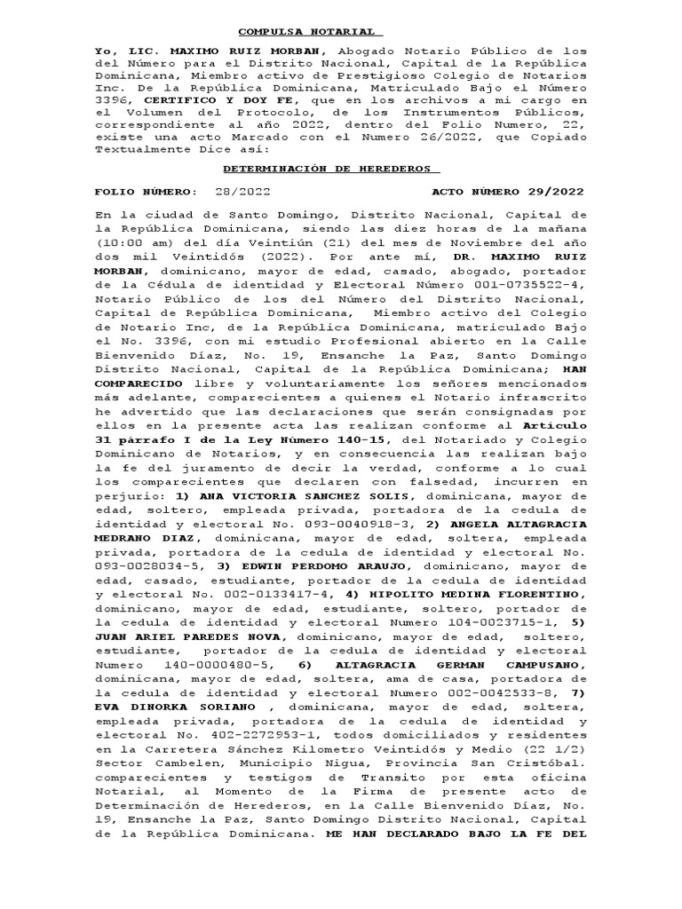 Compulsa Notarial de Herederos 2022 | PDF | República Dominicana ...