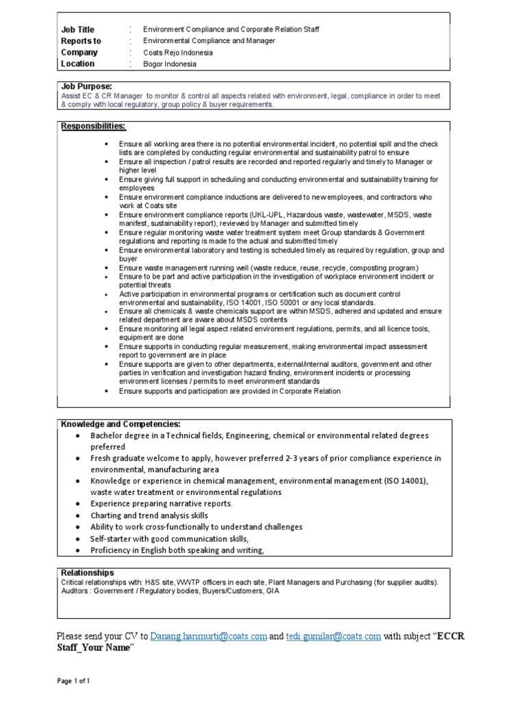 Job Vacancy Environmental Compliance & Corporate Relation Staff PDF