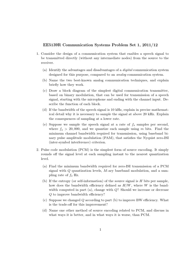 EE5139R Communication Systems Problem Set 1, 2011/12 | PDF | Sampling ...