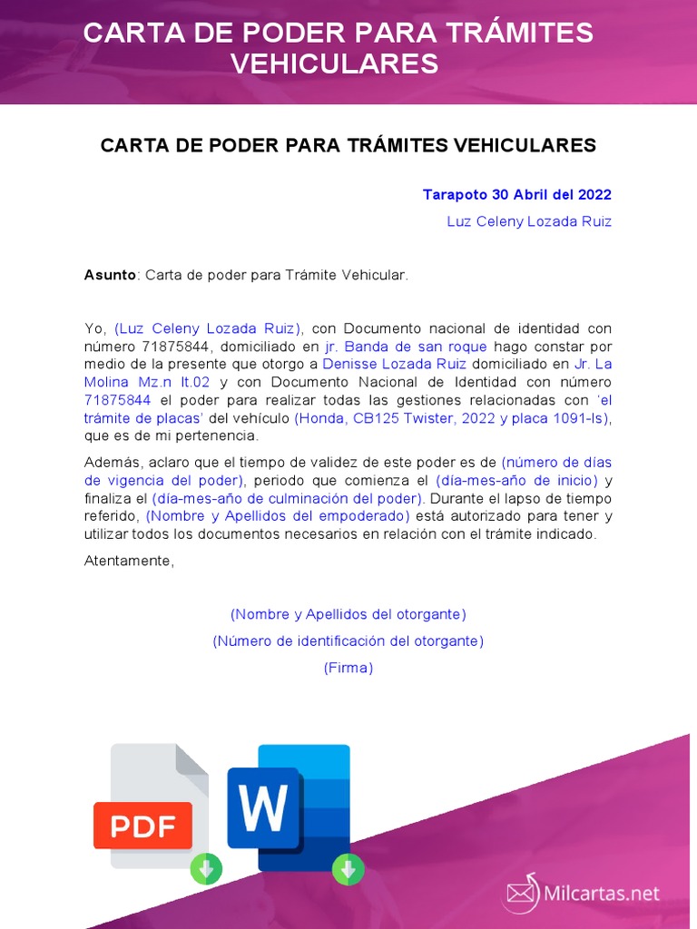 Carta de Poder para Tramites Vehiculares | PDF