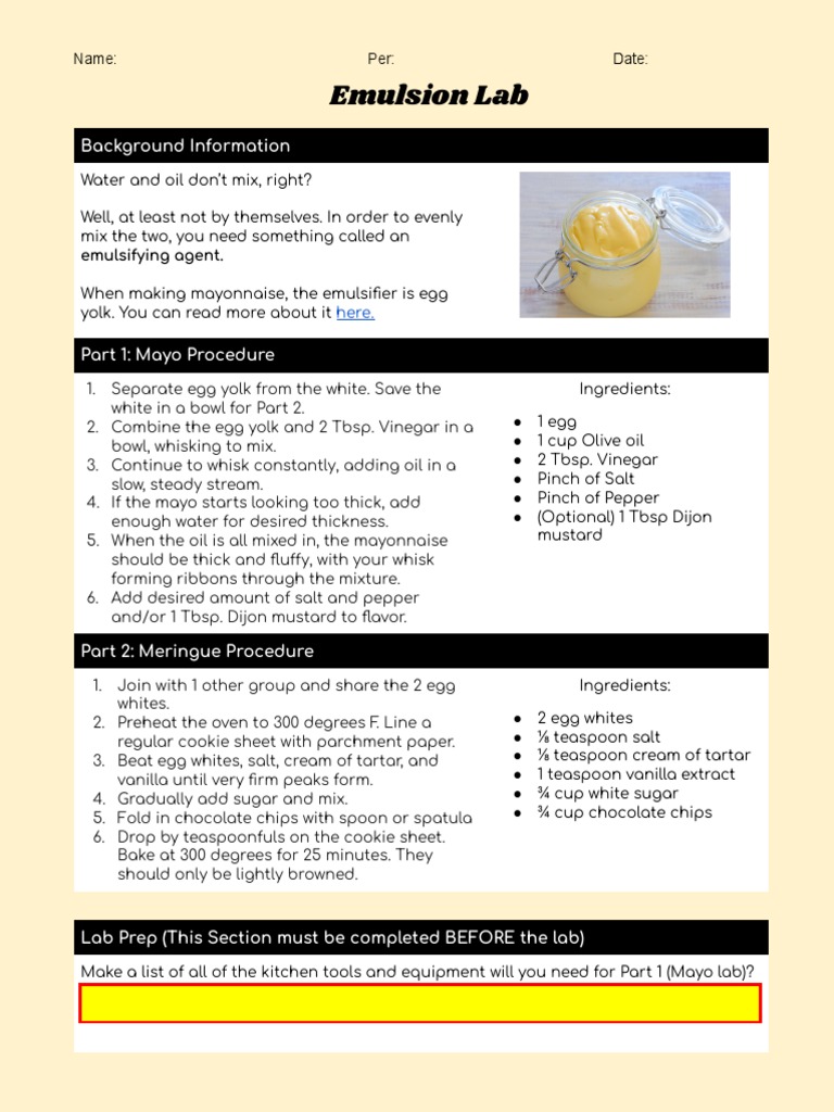 Emulsion Lab PDF Mayonnaise Meringue
