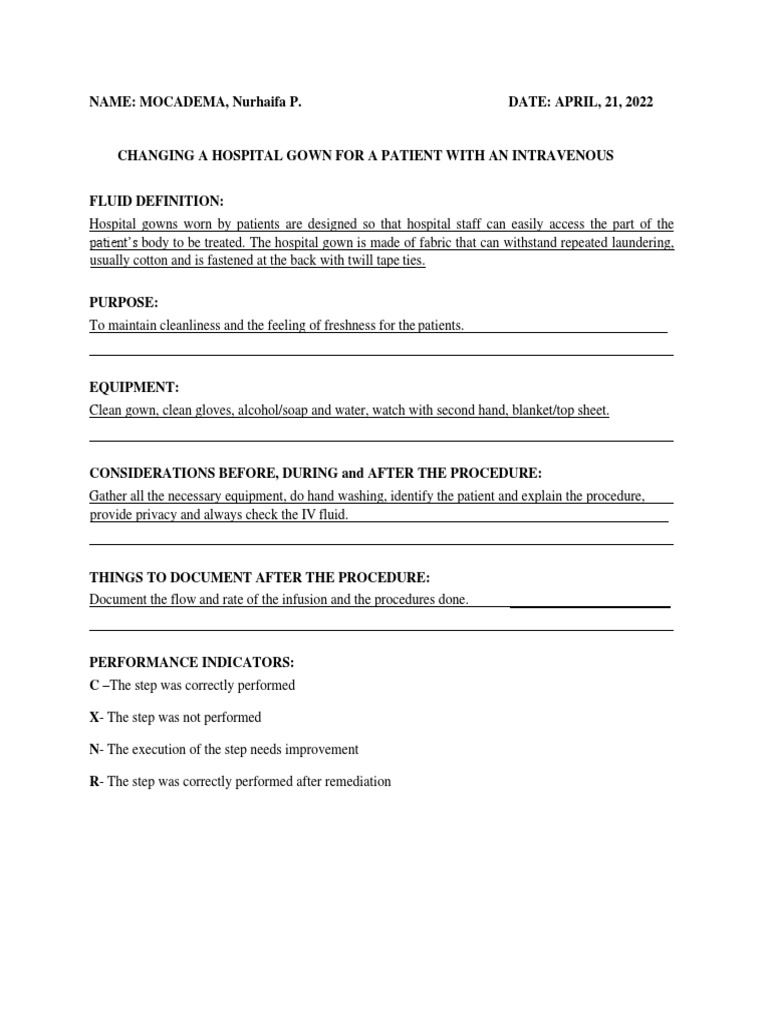 CHANGING A HOSPITAL GOWN (MOCADEMA, Nurhaifa P.) PDF Intravenous