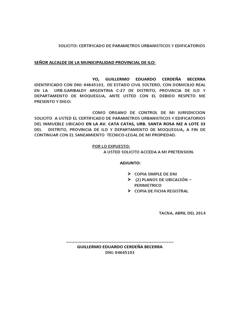 SOLICITUD CERTIFICADO DE PARAMETROS URBANISTICOS Y EDIFICATORIOS PDF