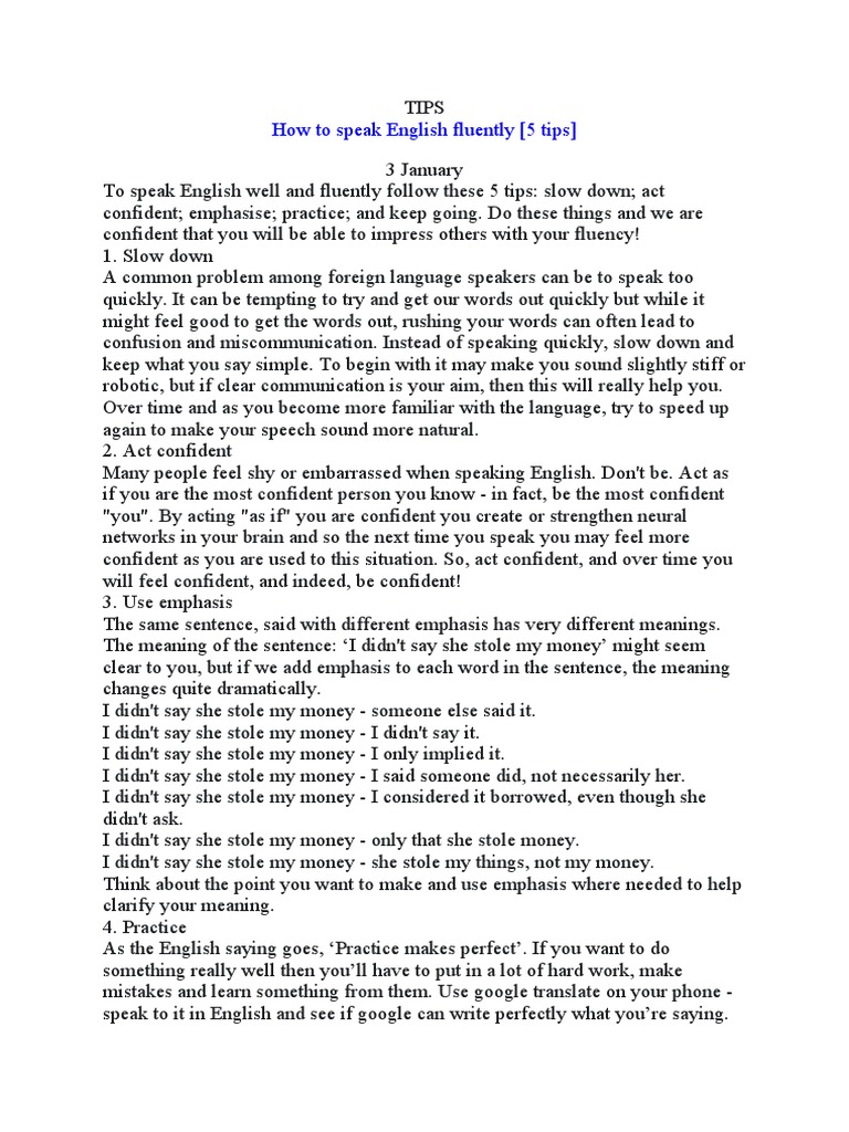 Tips for Speaking English Fluently | PDF | Fluency | English Language