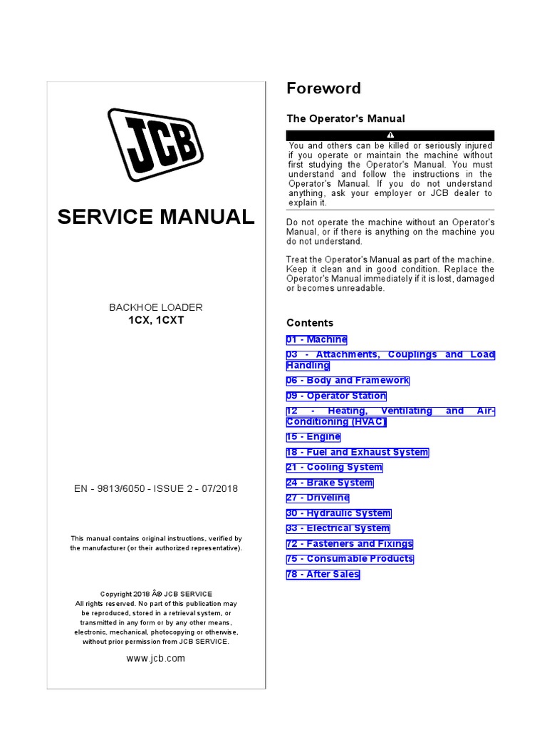 SM-JCB 1CX, 1CXT Backhoe Loader Service Repair Manual 9813