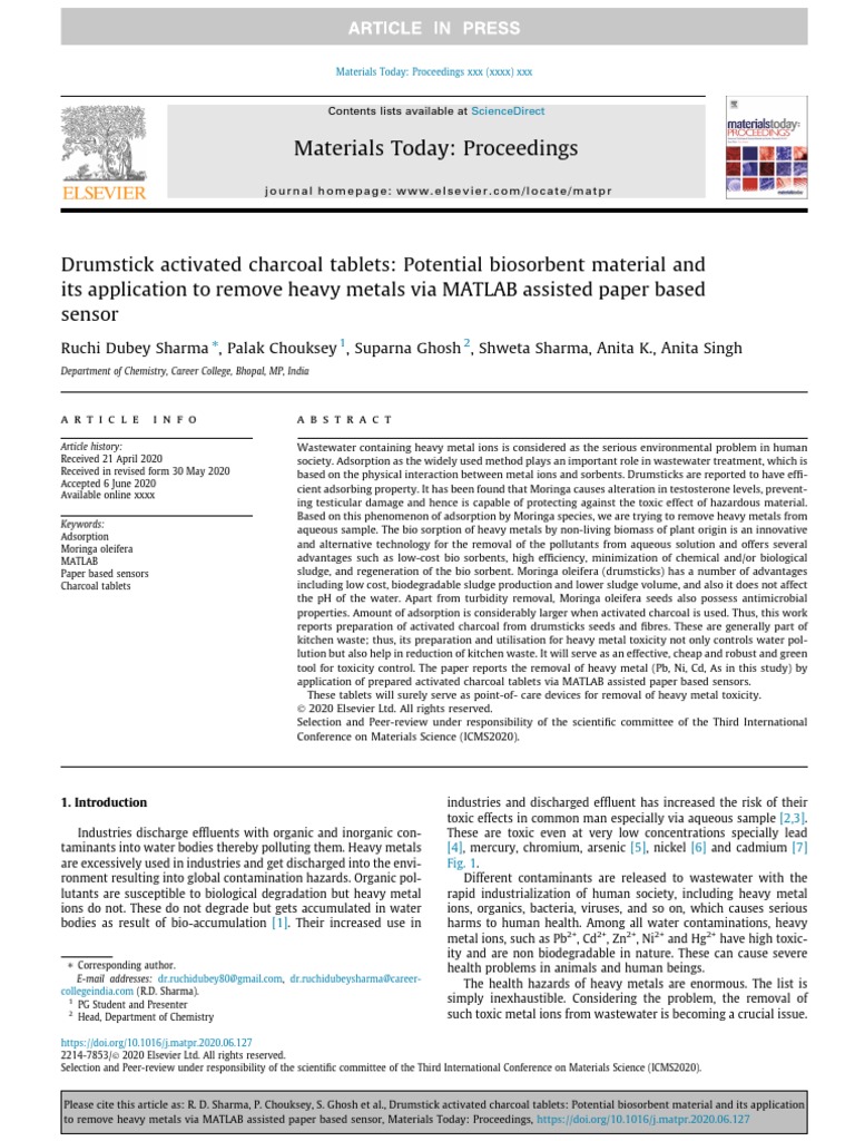 Drumstick activated charcoal tablets. Potential biosorbent material and