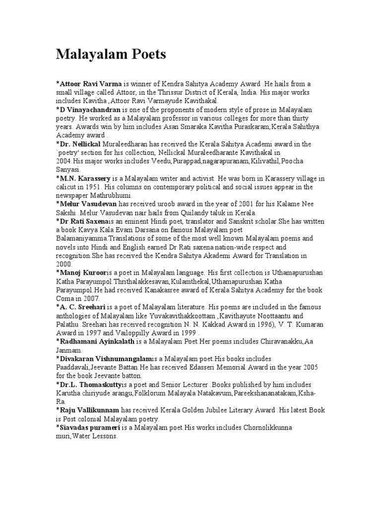 Malayalam Poets Pdf Indian Literature Kerala